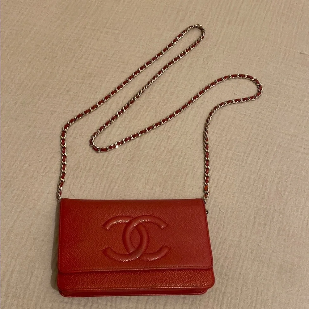 CHANEL Red Crossbody Bag with Silver Chain Strap. Wallet on chain.